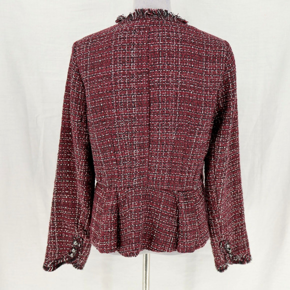 WHBM Jacket Womens 10 Burgundy Plaid Tweed Fringe Lined Blazer Peplum Open Front - Picture 2 of 15